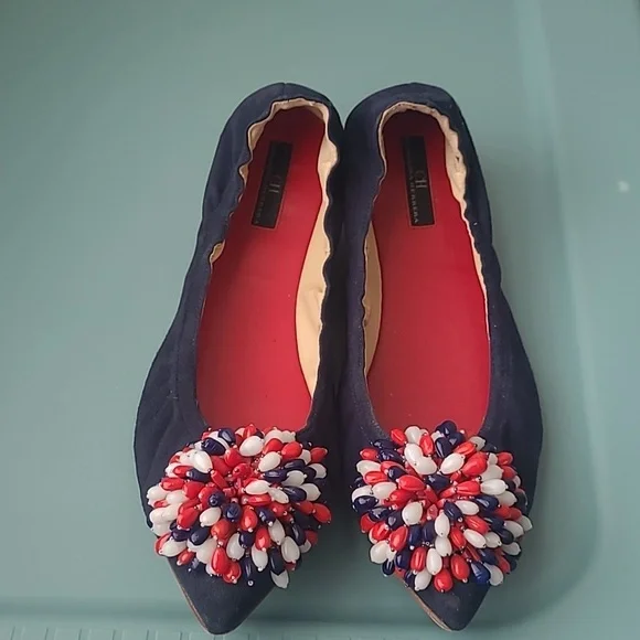Carolina Herrera Blue Suede Red/White/Red Decorative Bow Flat Shoes Size 38/7.5 - Picture 2 of 8